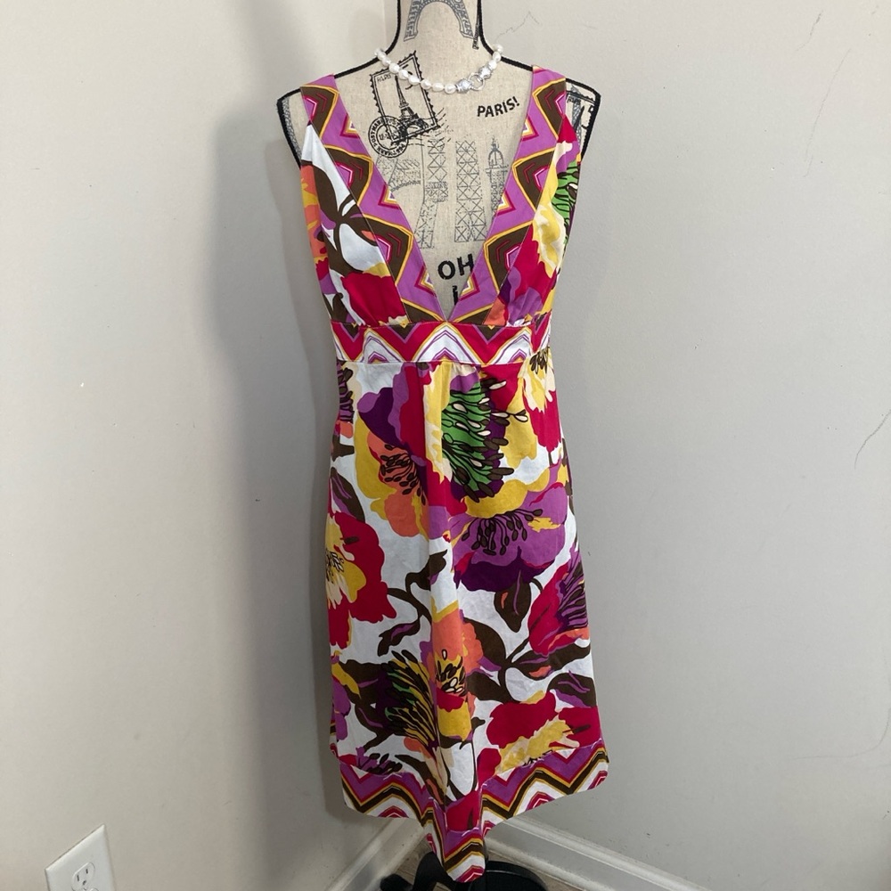 ANA Women’s Pink Yellow Floral Midi Dress Vneck Cotton Dress